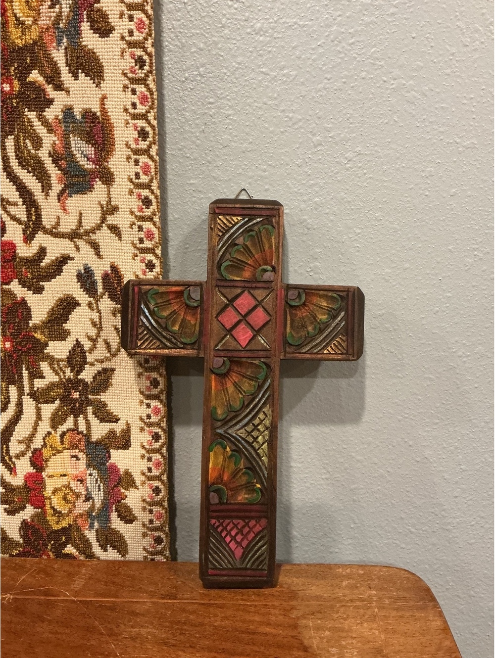 Vintage Hand Carved Wood Wall Cross, Painted Folk Art Crucifix, Boho Wall Decor